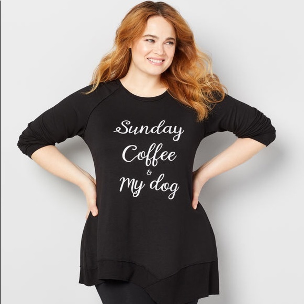 Avenue Black Tunic Top with White Script "Sunday Coffee & My Dog"